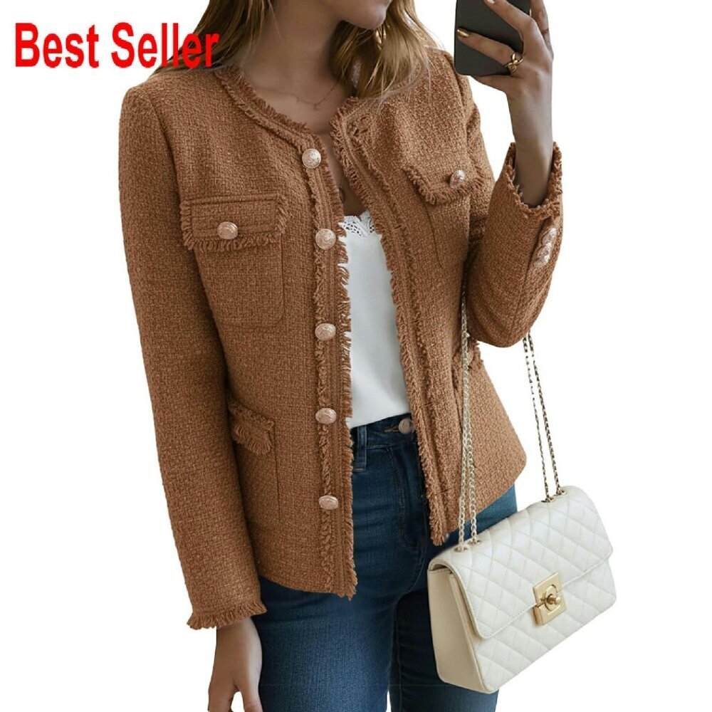 Tweed Blazer Classic Chic Open Front Long Sleeves Flap Pockets Work Casual